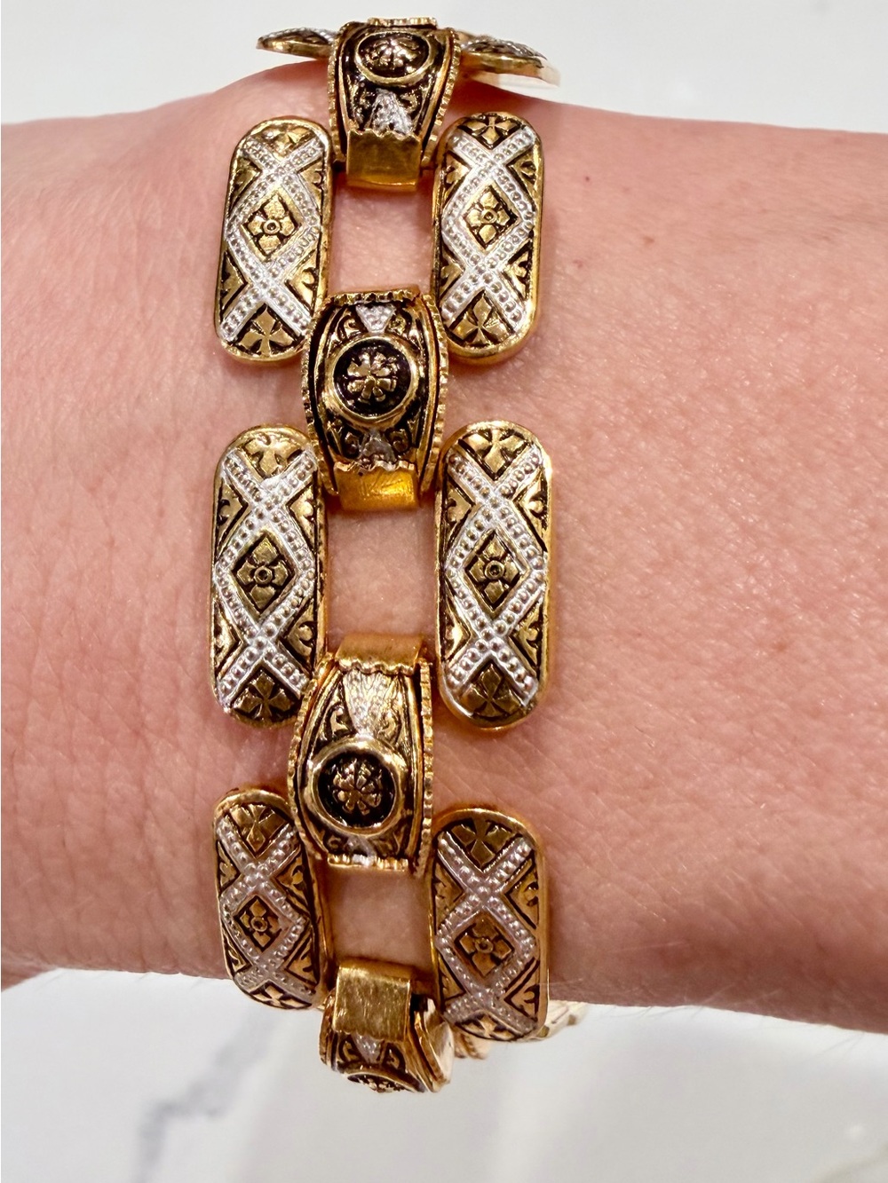 Gold and Silver Two-Tone Ornate Link Bracelet Byzantine style Women’s Bracelet